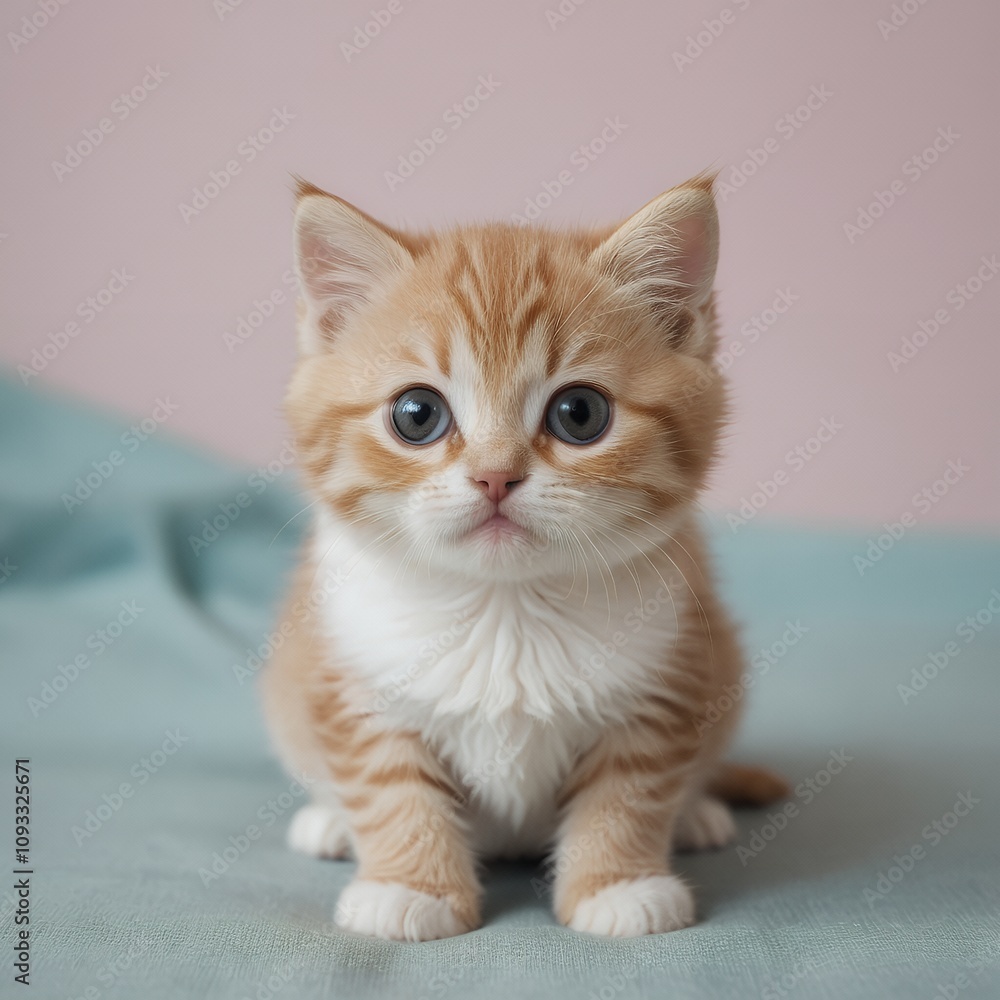 Adorable Ginger Kitten Posing on a Soft Blue Blanket: A Close-Up Portrait of a Cute Young Cat with Striking Blue Eyes, Showcasing the Beauty of Domestic Animals Adorable Ginger Kitten Posing on a Soft Blue Blanket: A Close-Up Portrait of a Cute Young Cat with Striking Blue Eyes, Showcasing the Beauty of Domestic Animals