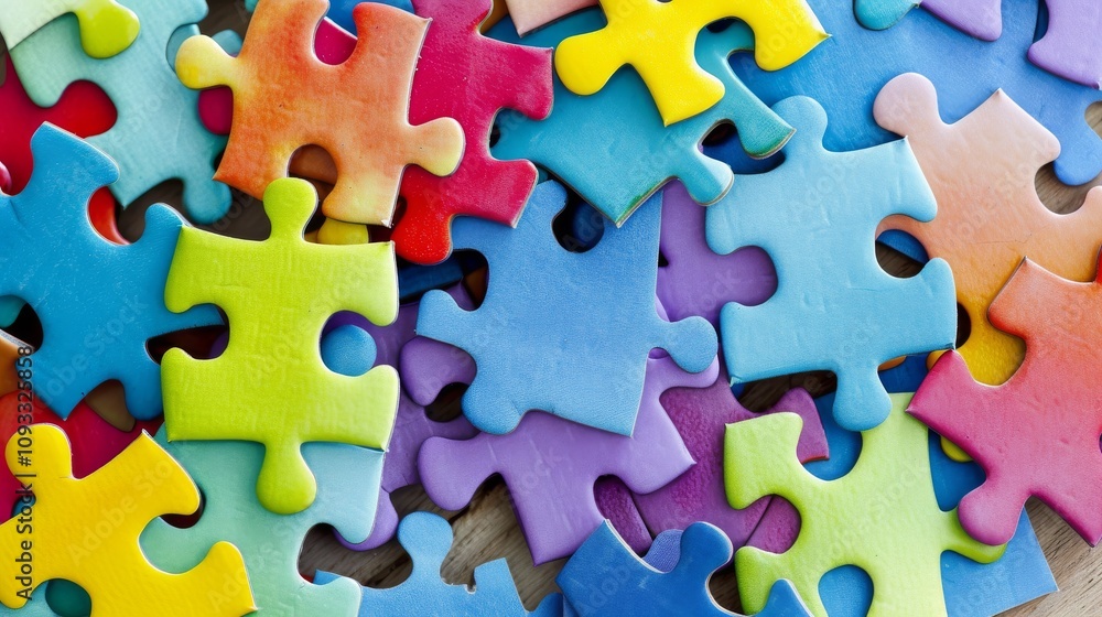 A puzzle coming together, each piece a different color and shape A puzzle coming together, each piece a different color and shape
