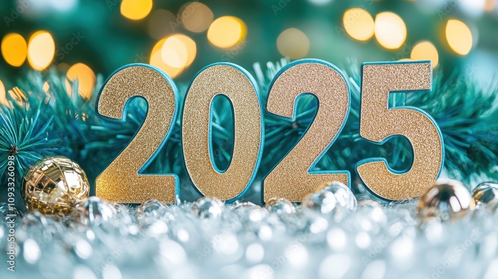 Sparkling Golden 2025 Numbers Surrounded by Lush Greenery and Shimmering Decorations for a Festive New Year Celebration and Holiday Spirit Sparkling Golden 2025 Numbers Surrounded by Lush Greenery and Shimmering Decorations for a Festive New Year Celebration and Holiday Spirit