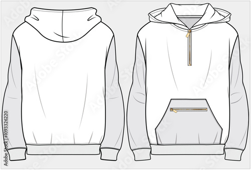 HOODED SWEATSHIRT WITH ZIPPER KANGAROO POCKET DETAIL DESIGNED FOR WOMEN AND TEEN GIRLS IN  VECTOR ILLUSTRATION FILE