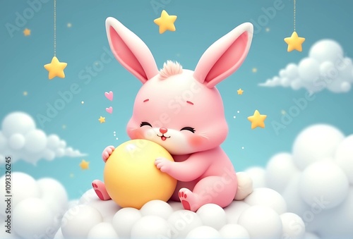 Cute pink bunny character hugging a yellow ball amidst fluffy clouds and stars, joyful atmosphere