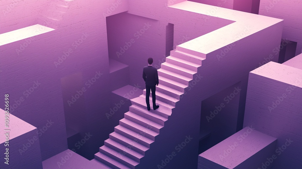 Businessman Facing a Choice Abstract Staircase in Purple Maze Businessman Facing a Choice Abstract Staircase in Purple Maze
