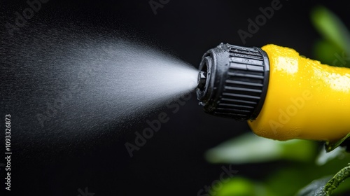 Close-up of a yellow spray nozzle releasing a fine mist, ideal for gardening or cleaning applications, This image captures the essence of water distribution photo