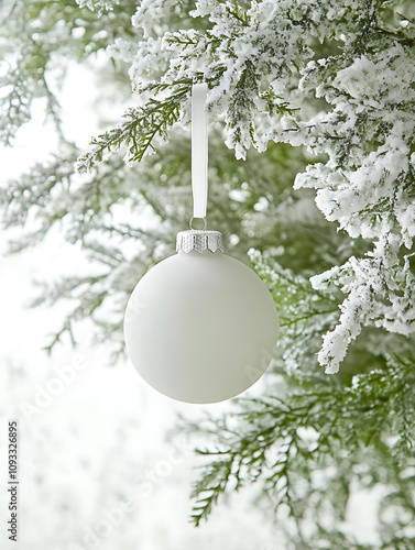 Isolated image ofsingle, glowing Christmas ornament withsoft-focus snowy background,copyspace photo