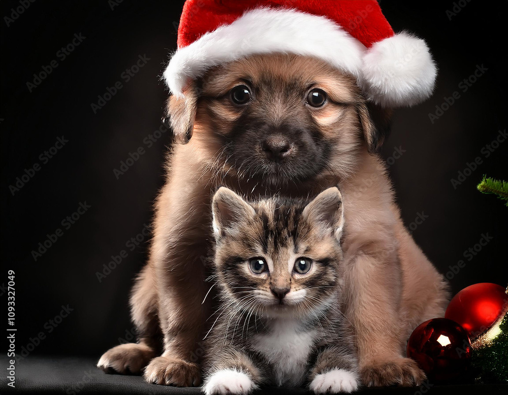 cachorros de perro y gato sentados, con un gorro de santa claus cachorros de perro y gato sentados, con un gorro de santa claus