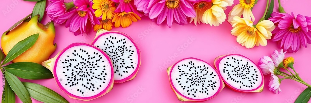 Freshly cut dragon fruit slices on a pink background with fresh flowers, dragon fruit, botanical style Freshly cut dragon fruit slices on a pink background with fresh flowers, dragon fruit, botanical style