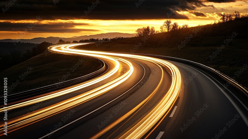 Winding Highway Sunset Fast Cars Light Trails Motion Blur Road Trip Asphalt Travel Winding Highway Sunset Fast Cars Light Trails Motion Blur Road Trip Asphalt Travel