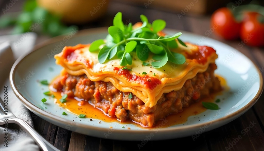 Homemade lasagna with minced beef bolognese and bechamel sauce topped wild arugula Homemade lasagna with minced beef bolognese and bechamel sauce topped wild arugula