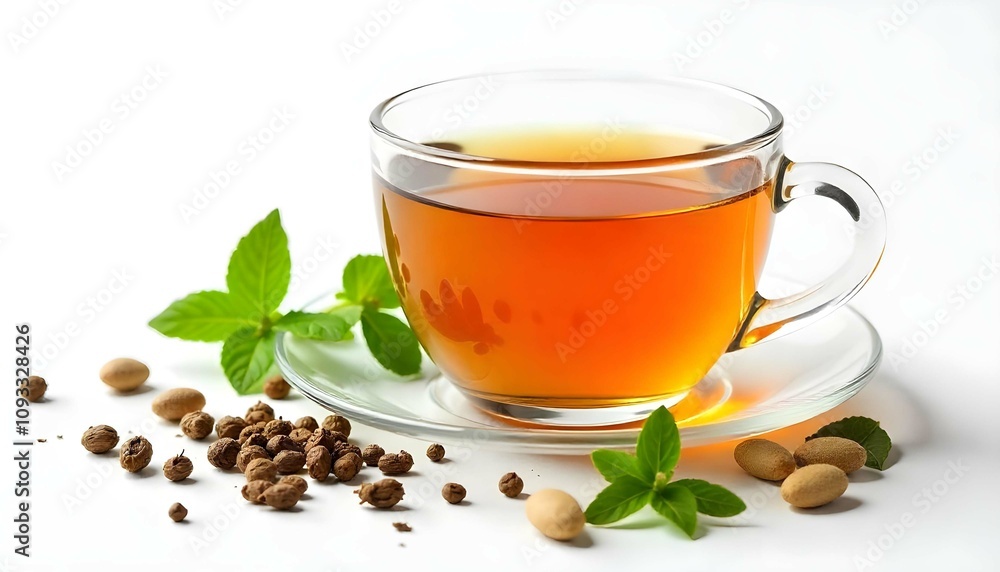 Cup of herbal tea with various herbs white background Cup of herbal tea with various herbs white background
