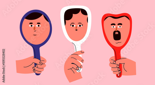 Human hand holding mirror reflexing different faces. Person staring at mirror reflection. Hand drawn isolated Vector illustrations. Cartoon flat style. Self love, acceptance, beauty, self care concept