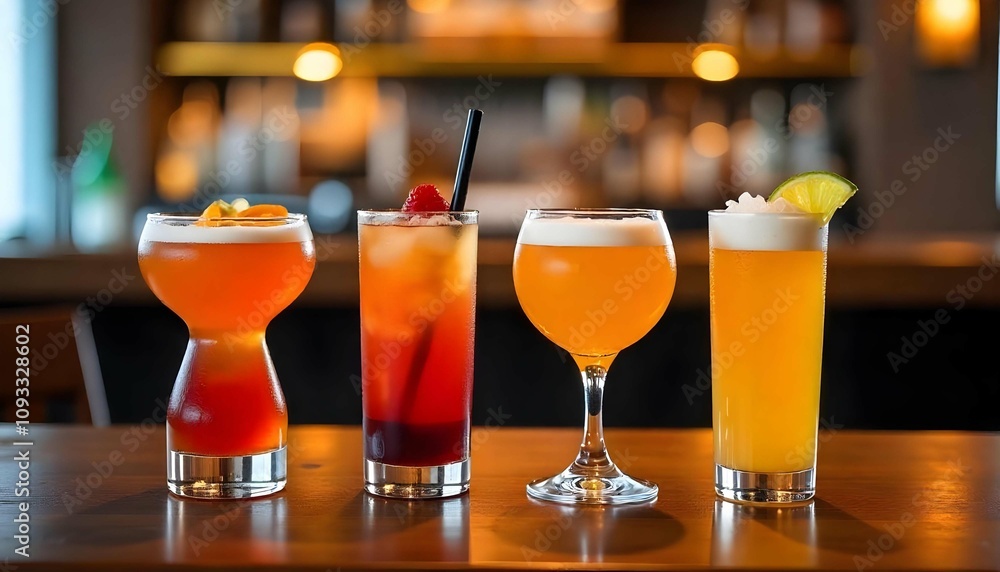 Four different colorful drinks on a wooden table at a fancy restaurant bar with blurred back Four different colorful drinks on a wooden table at a fancy restaurant bar with blurred back