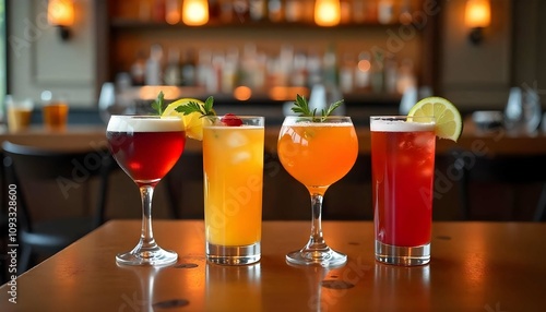 Four different colorful drinks on a wooden table at a fancy restaurant bar with blurred back