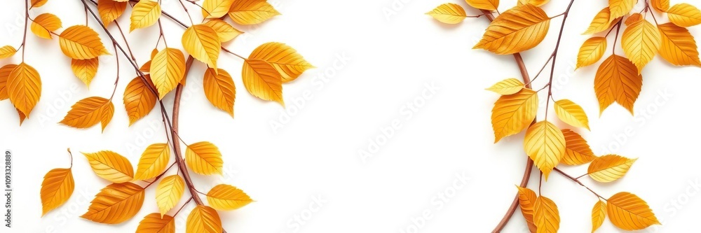 Fototapeta premium Golden leaves in a circular frame on a white background, aesthetics, golden colors