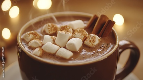 Rich brown hot chocolate with marshmallows cinnamon sticks and a cozy Christmas backdrop