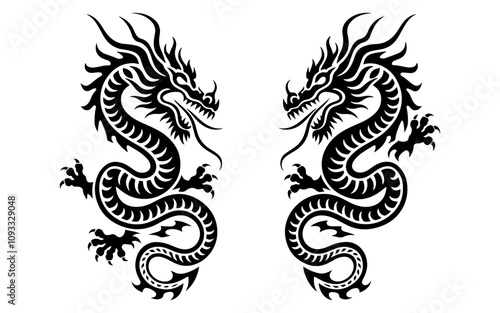 Chinese dragon silhouettes vector on white background.