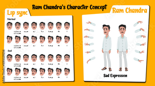 An Indian man cartoon character AKA Ram Chandra. Sad face expressions and lip sync. Set of sad Indian man with various hand gesture and front and 1/3 standing pose.