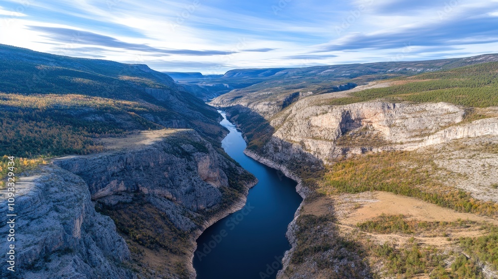 Majestic canyon with a winding river under a vast, cloudy sky, AI Majestic canyon with a winding river under a vast, cloudy sky, AI