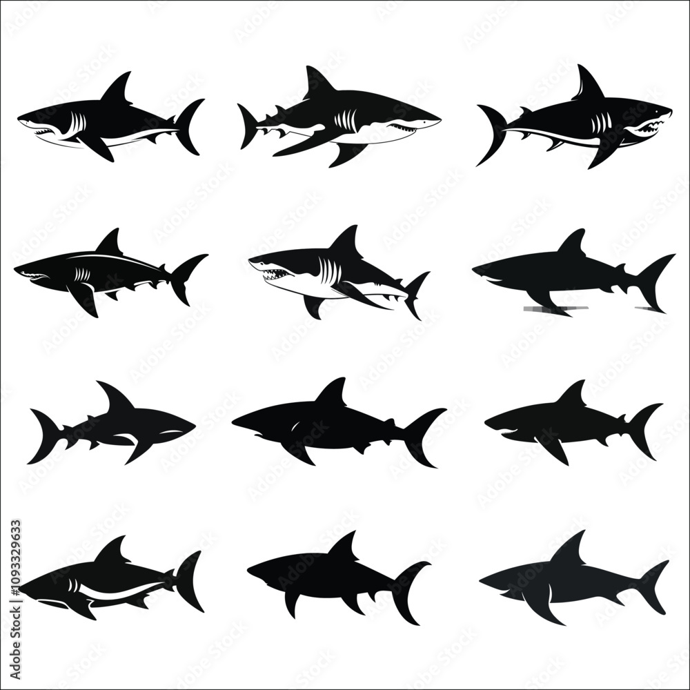 Fototapeta premium Shark Fish Silhouette Bundle Set, Shark Fish PNG