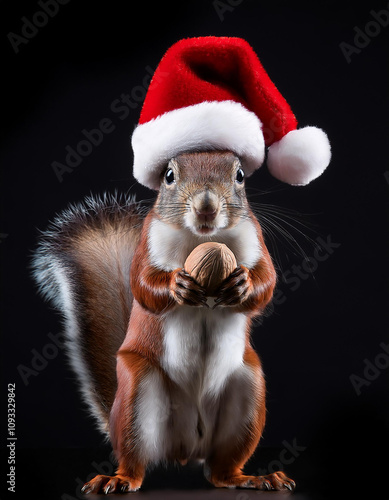 Ardilla de pié con una bellota entre las manos y un gorro de Papá Noel en navidad