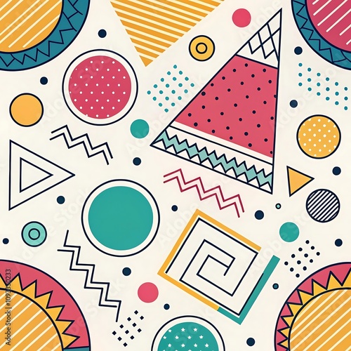 Design a vibrant Memphis-style pattern with colorful geometric shapes, including triangles, circles, and abstract squiggles. Use a mix of teal, pink, yellow, and white tones, featuring bold lines, pol