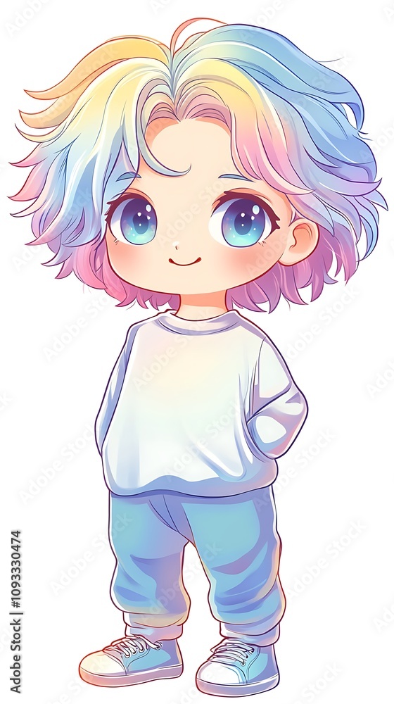 Immersive Digital Artistry, Cheerful Chibi Character with Colorful Hair Immersive Digital Artistry, Cheerful Chibi Character with Colorful Hair