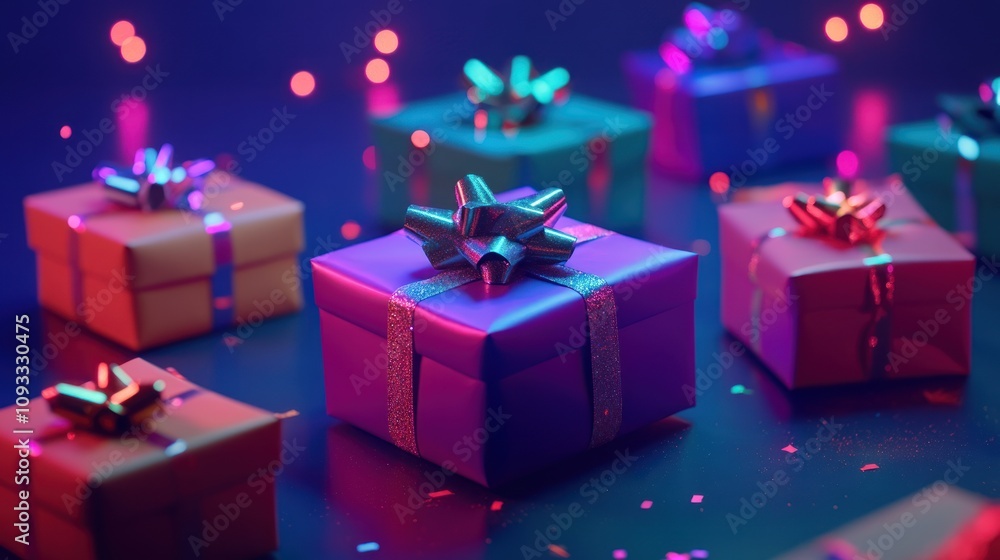 Neon Lit Gift Boxes With Glitter Ribbons Neon Lit Gift Boxes With Glitter Ribbons