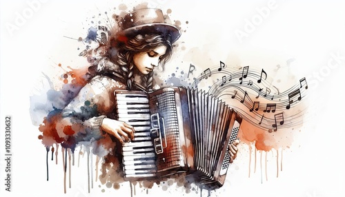 woman playing Accordion music instrument in watercolor illustration with loose and fluid forms photo