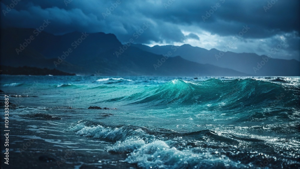 Fototapeta premium Mysterious dark blue abstract blurred gradient with subtle hints of turquoise and green, underwater scene, ocean fog, dark blue background abstract blur, waves, abstract art