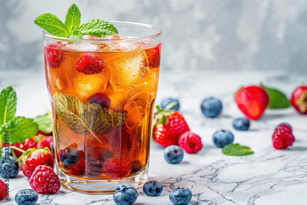 Refreshing iced tea with berries and mint home kitchen beverage cozy atmosphere close-up drink concept Refreshing iced tea with berries and mint home kitchen beverage cozy atmosphere close-up drink concept