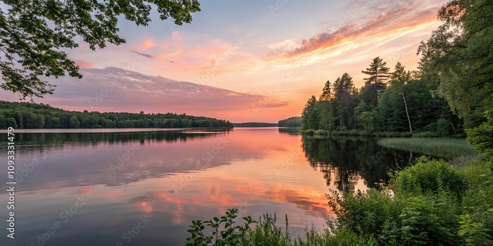 Panoramic view of a serene lake at sunrise, peaceful landscape, sunrise over water Panoramic view of a serene lake at sunrise, peaceful landscape, sunrise over water