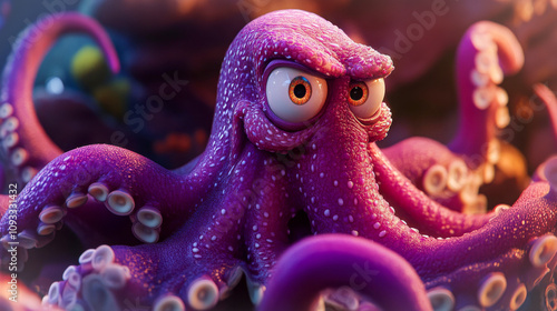 Colorful animated octopus with a determined expression, surrounded by vibrant underwater scenery and glowing tentacles in focus photo