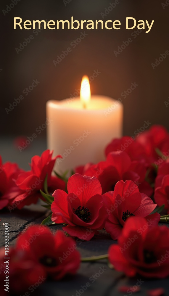A beautiful arrangement of red roses surrounding a lit candle, symbolizing remembrance day, creating a peaceful and reflective atmosphere. A beautiful arrangement of red roses surrounding a lit candle, symbolizing remembrance day, creating a peaceful and reflective atmosphere.