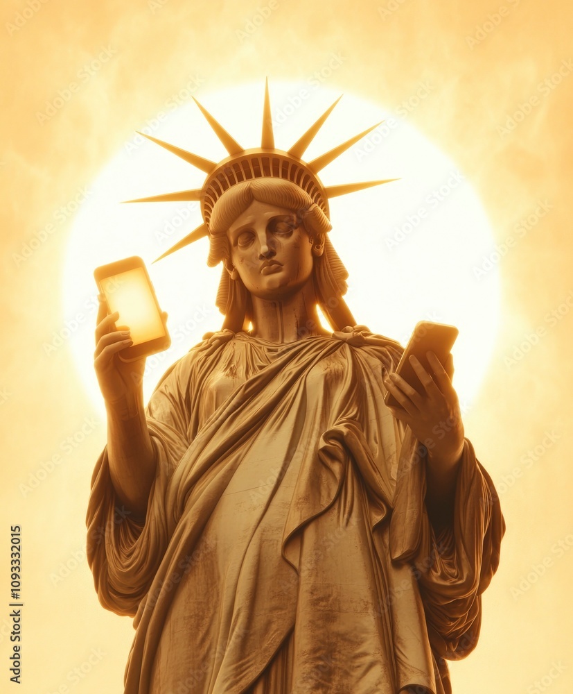 Obraz premium Statue of Liberty holding a phone, as if she is casually checking her messages or social media