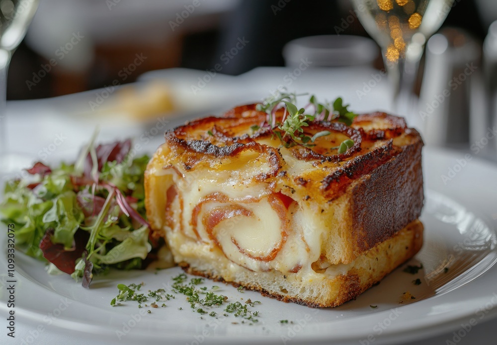 Delicious Gourmet Lasagna with Layers of Cheese and Meat, Accompanied by Fresh Salad on a White Plate in an Elegant Dining Setting Delicious Gourmet Lasagna with Layers of Cheese and Meat, Accompanied by Fresh Salad on a White Plate in an Elegant Dining Setting