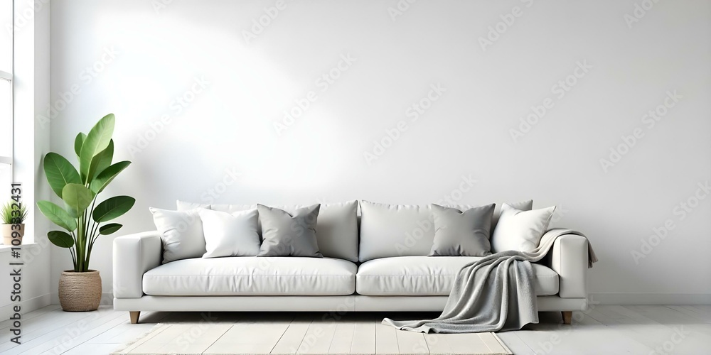A modern, minimalist living room with a large white sofa, gray and white throw pillows, and a cozy gray blanket draped over the arm of the sofa. A modern, minimalist living room with a large white sofa, gray and white throw pillows, and a cozy gray blanket draped over the arm of the sofa.