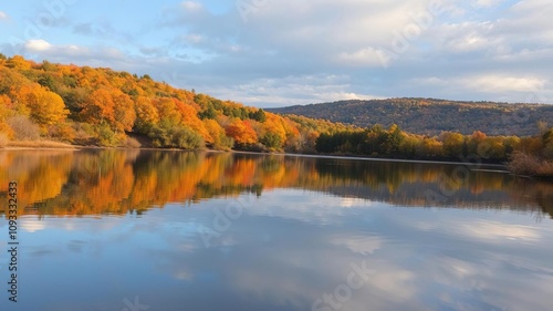Reflecting hues of autumn colors on Brige Pond's calm surface, natural scenery, connecticut lake