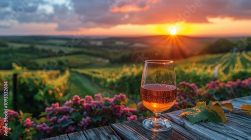 A glass of ros? wine sits on a table overlooking a picturesque vineyard at sunset. photo