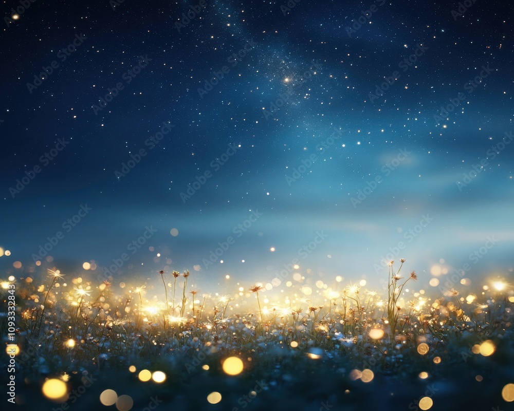Magical night scene with glowing lights and flowers nature serene atmosphere Magical night scene with glowing lights and flowers nature serene atmosphere