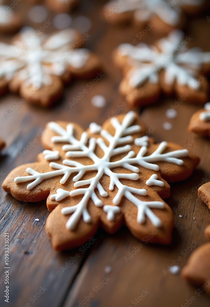 Close up of gingerbread Christmas snowflake sugar cookie on wooden table background with white icing Close up of gingerbread Christmas snowflake sugar cookie on wooden table background with white icing