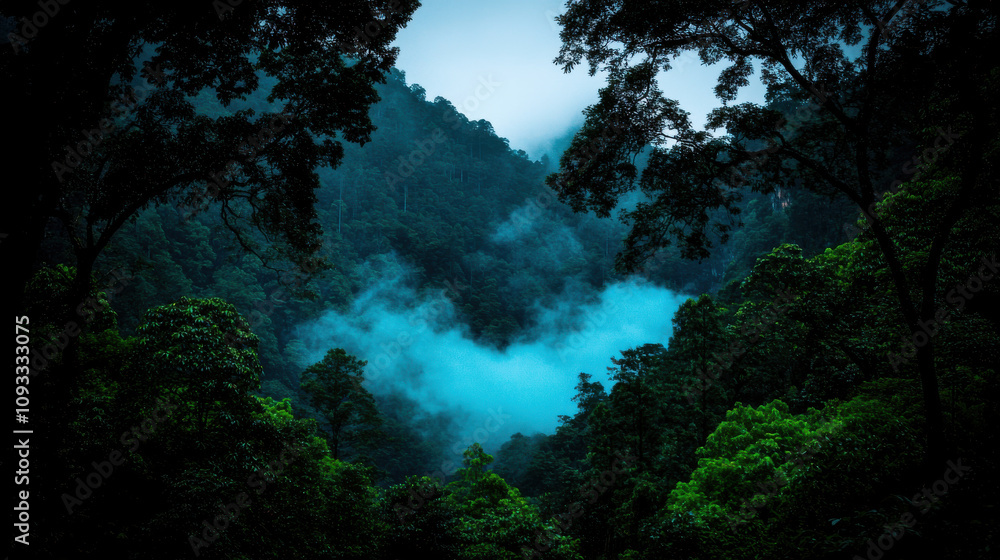 Misty forest landscape with lush green trees and foggy atmosphere Misty forest landscape with lush green trees and foggy atmosphere