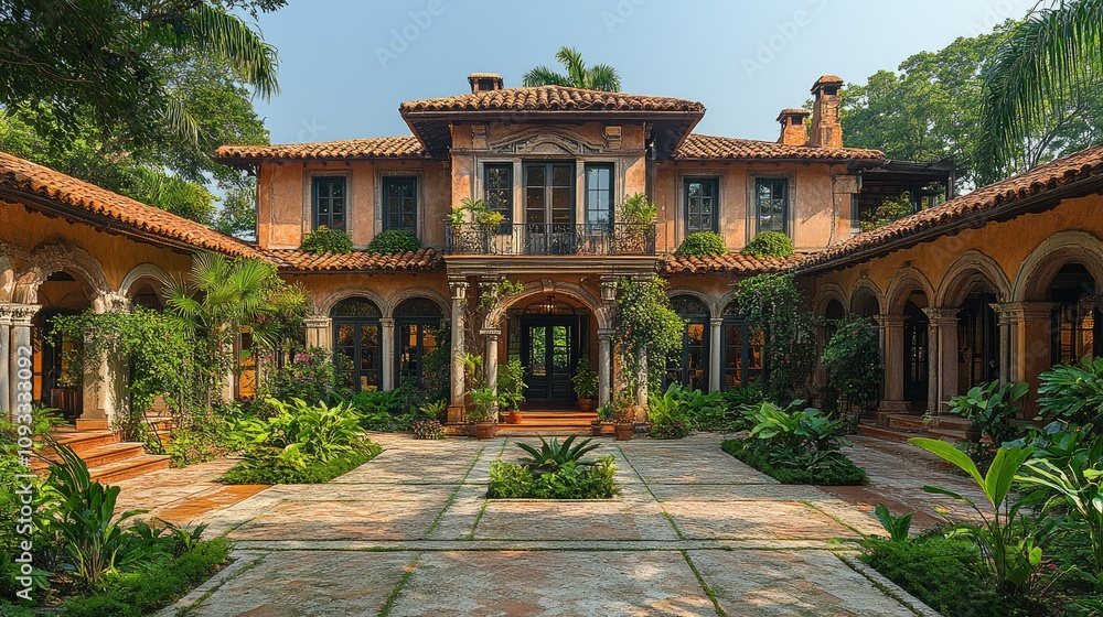 Obraz premium A beautiful courtyard of a Mediterranean-style villa surrounded by lush greenery.