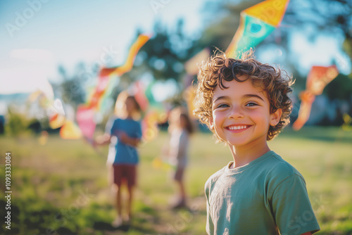 kids joyfully play with kites under a radiant sun, expressing wonder and happiness. The scene showcases natural colors, vibrant energy, and the beauty of childhood unity outdoors. photo