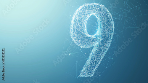 Number nine text. Low poly wireframe illustration on technology blue background. Copy paste area for text and brand