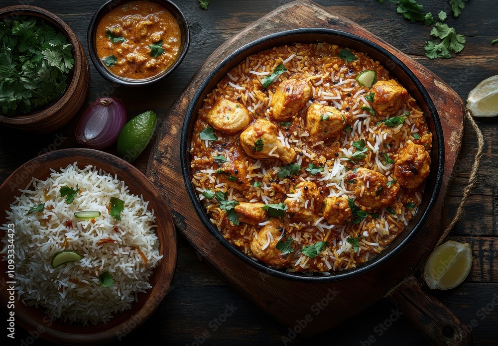 Delicious Indian Chicken Biryani Served with Fresh Coriander and Lemon on a Rustic Wooden Table, Accompanied by Fragrant Rice and Savory Gravy Delicious Indian Chicken Biryani Served with Fresh Coriander and Lemon on a Rustic Wooden Table, Accompanied by Fragrant Rice and Savory Gravy