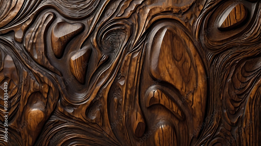 Abstract carved dark wood texture with swirling patterns and 3D relief.