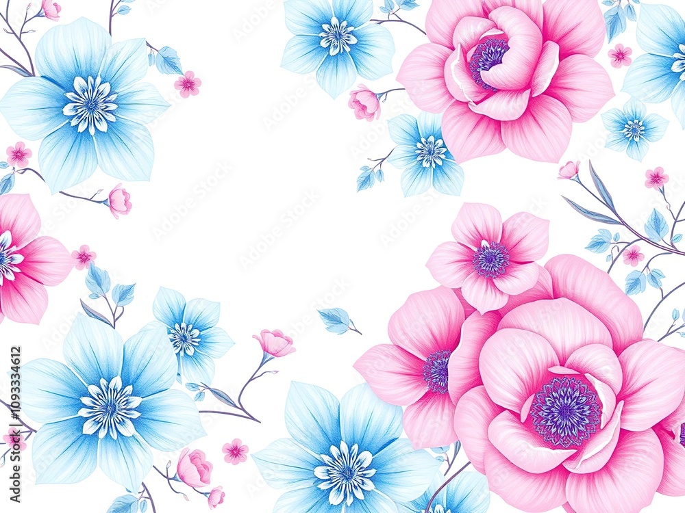 Delicate blue and pink floral patterns seamlessly blend together on a white background, creating a visually stunning design, botanical design, minimalist Delicate blue and pink floral patterns seamlessly blend together on a white background, creating a visually stunning design, botanical design, minimalist