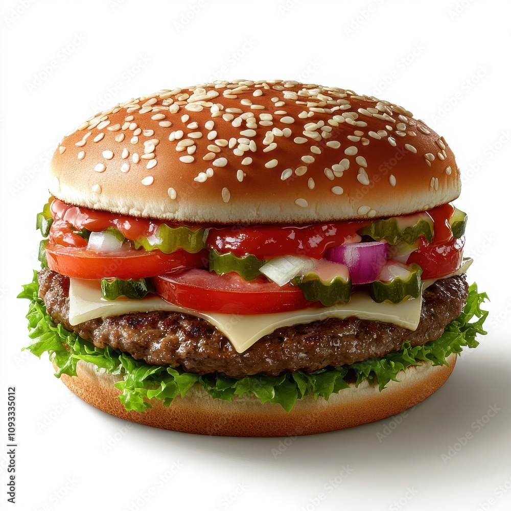 Delicious Juicy Hamburger with Fresh Vegetables and a Soft Sesame Seed Bun Ideal for Gourmet Cuisine and Food Photography Inspiration Delicious Juicy Hamburger with Fresh Vegetables and a Soft Sesame Seed Bun Ideal for Gourmet Cuisine and Food Photography Inspiration