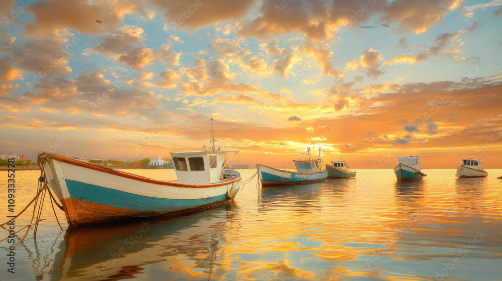 Boats gently float on a serene sea under a vibrant sunset sky, AI Boats gently float on a serene sea under a vibrant sunset sky, AI