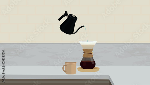 Drip filter coffee brewing. pouring hot water over filter with ground coffee in the funnel.making a drip coffee,pouring water from kettle over a ground coffee powder. cup of coffee. Kitchen background