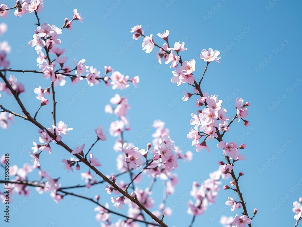 Delicate pink cherry blossom branches etch a beautiful pattern against the bright blue sky as they dance in the gentle breeze, blue sky, floral arrangement Delicate pink cherry blossom branches etch a beautiful pattern against the bright blue sky as they dance in the gentle breeze, blue sky, floral arrangement